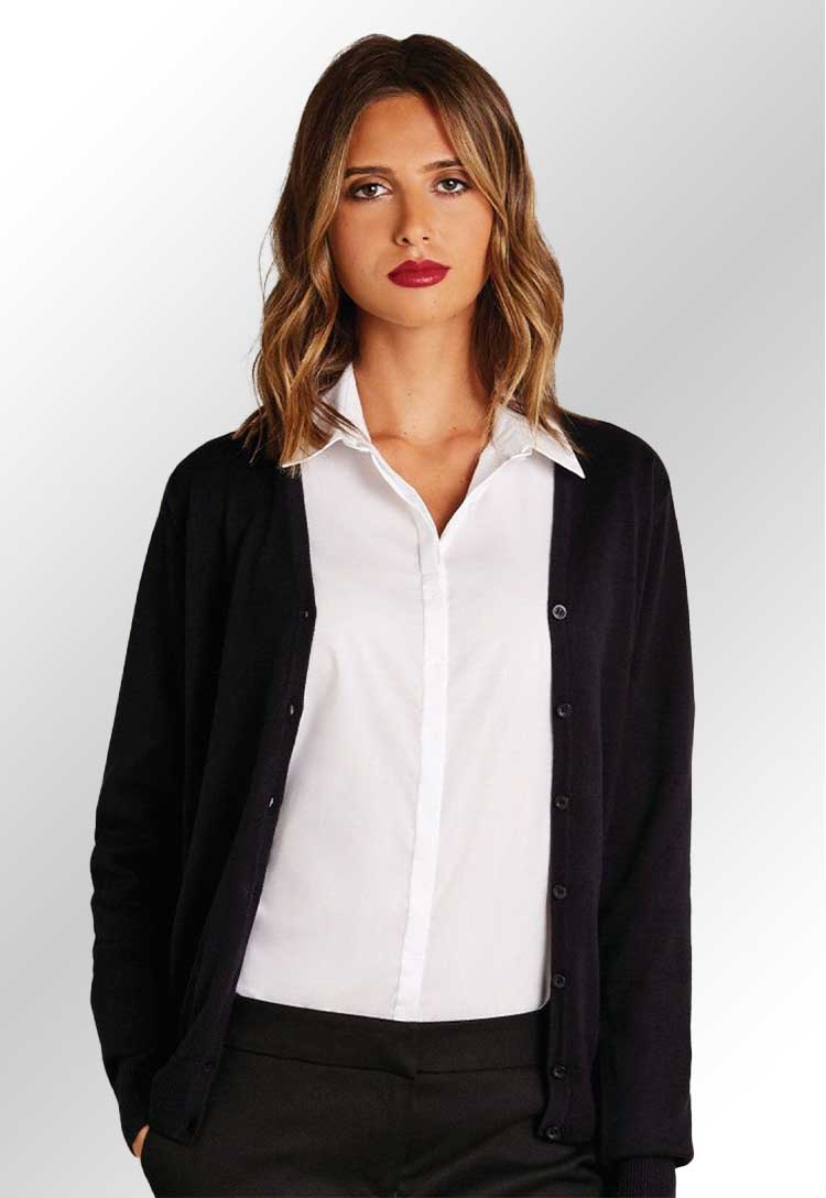 A model wearing a KK354 Women's Arundel v-neck cardigan long sleeve in Black