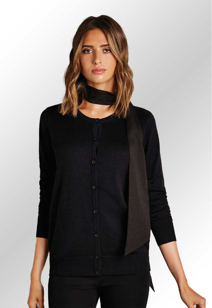 Model wearing KK355 Women's Arundel crew neck cardigan long sleeve in Black