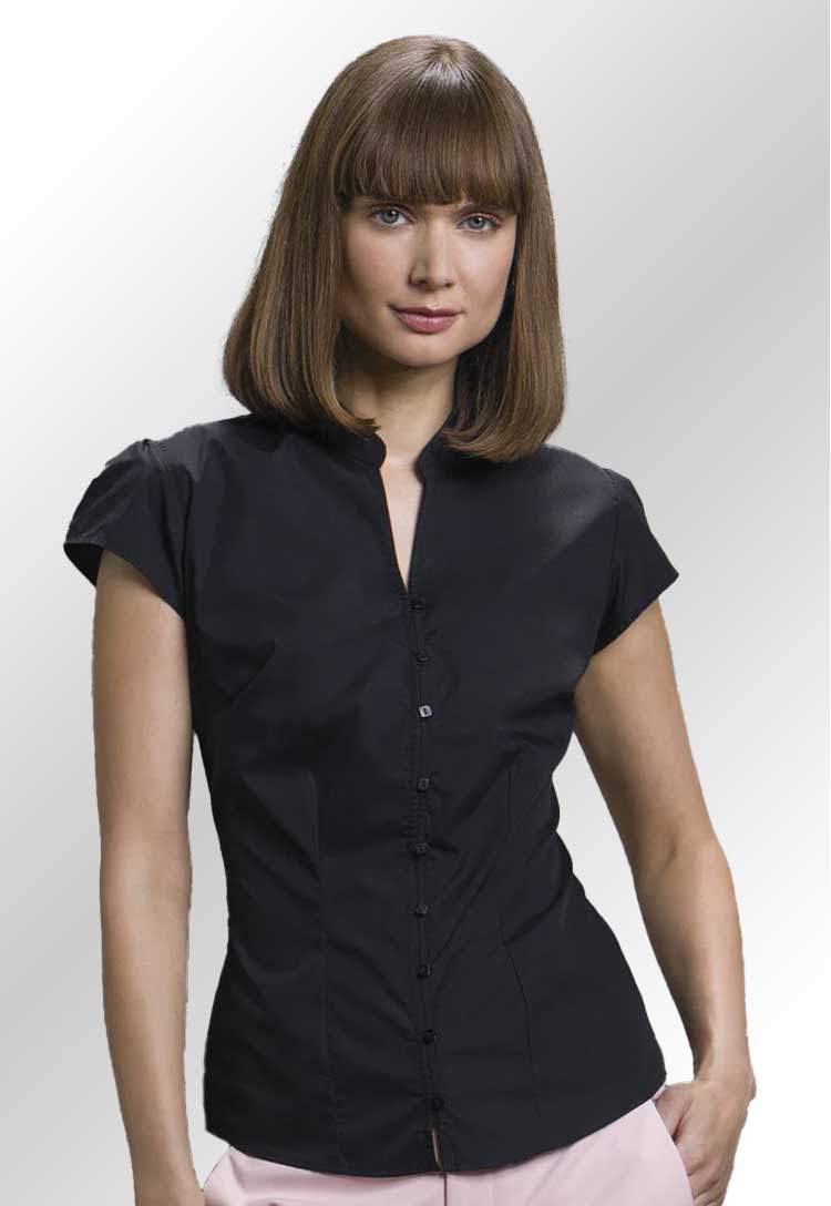 A model wearing KK727 Women's continental blouse mandarin collar cap sleeve in Black