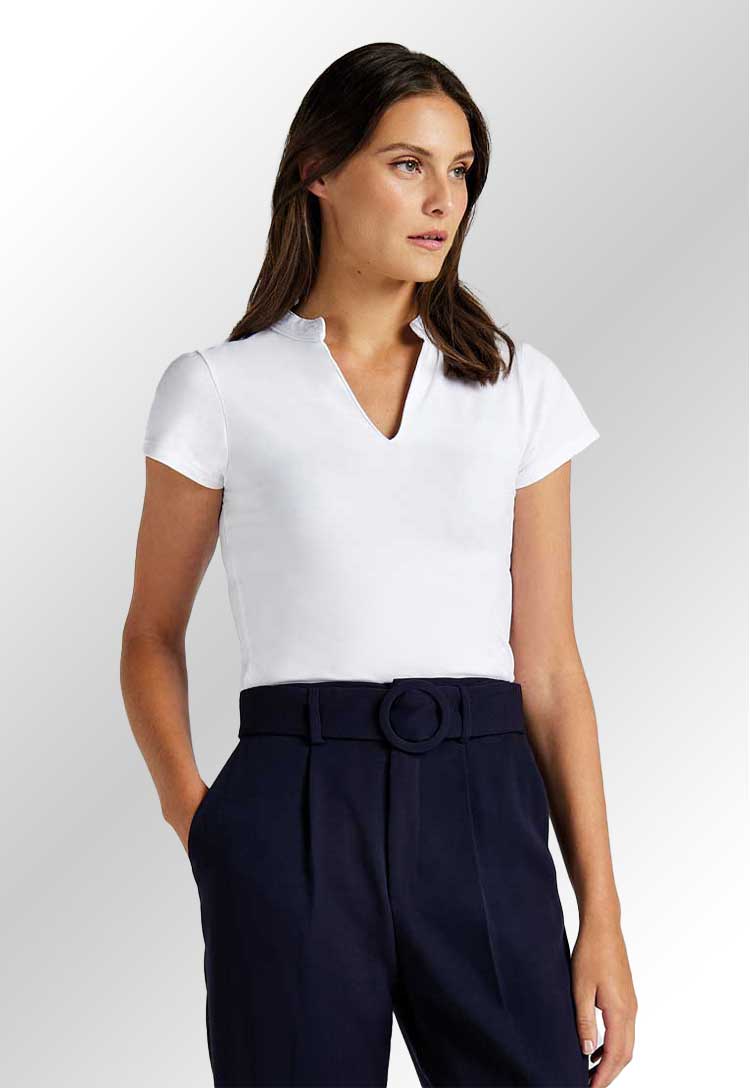 A model wearing a KK770 Women's corporate short-sleeved top v-neck mandarin collar in White