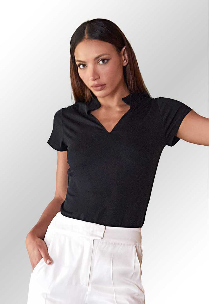 A model wearing a KK770 Women's corporate short-sleeved top v-neck mandarin collar in Black