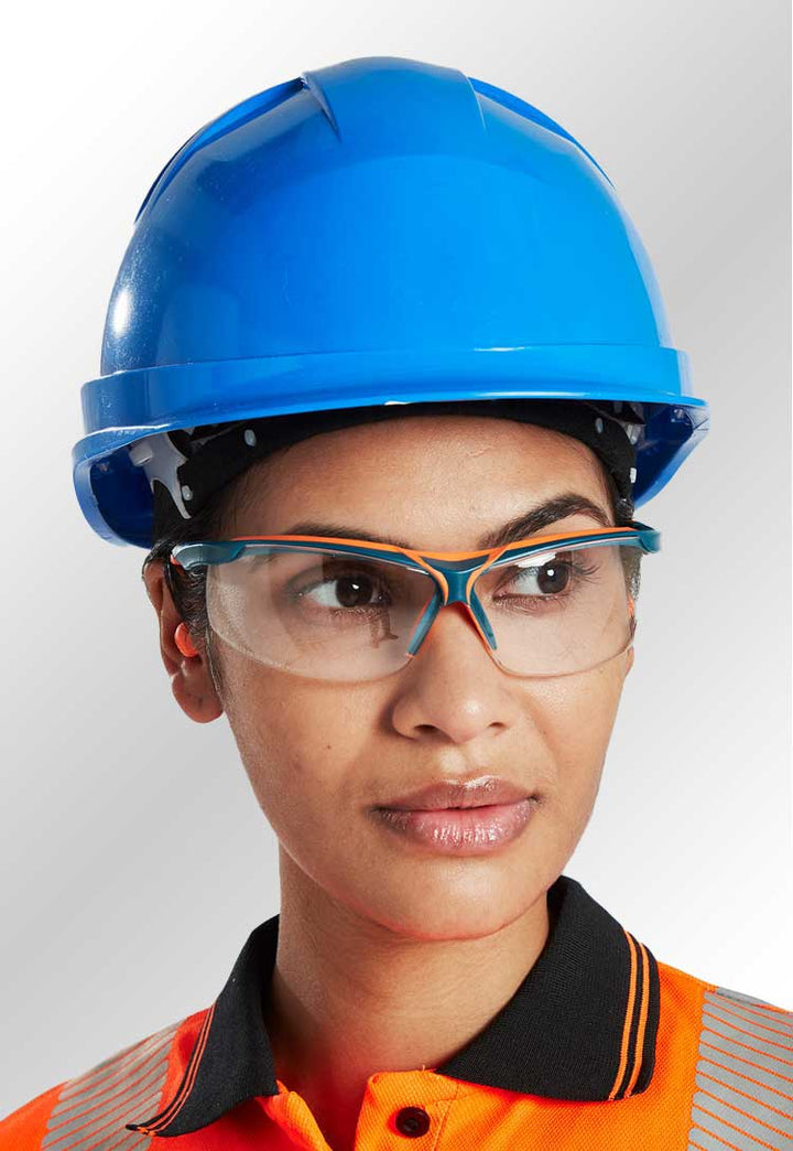 Model Wearing Clear Mega KN Safety Glasses PS13