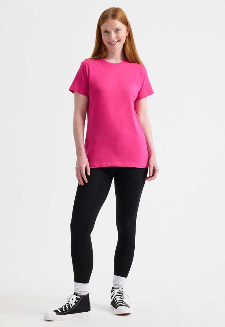 full length model wearing Ladies Classic Crew Neck T-Shirt  in hot pink