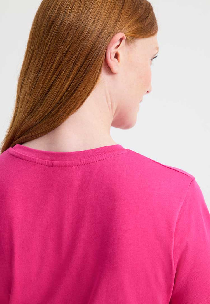 close up back view model wearing Ladies Classic Crew Neck T-Shirt  in hot pink