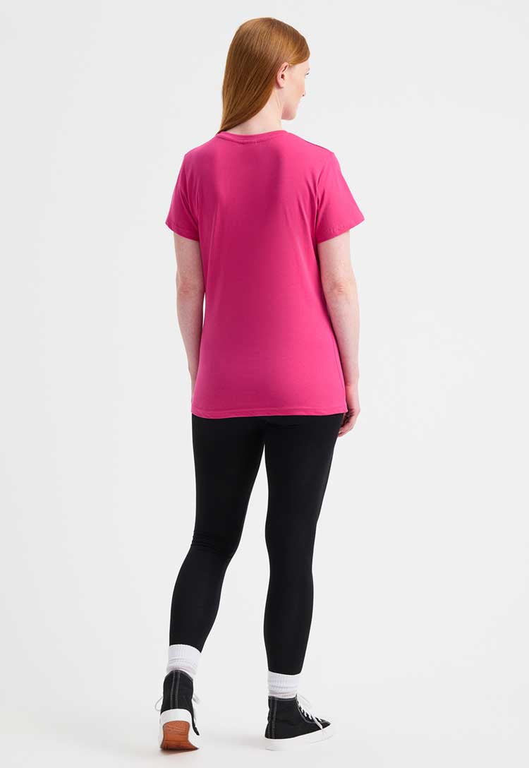 full length back view of model wearing Ladies Classic Crew Neck T-Shirt  in hot pink