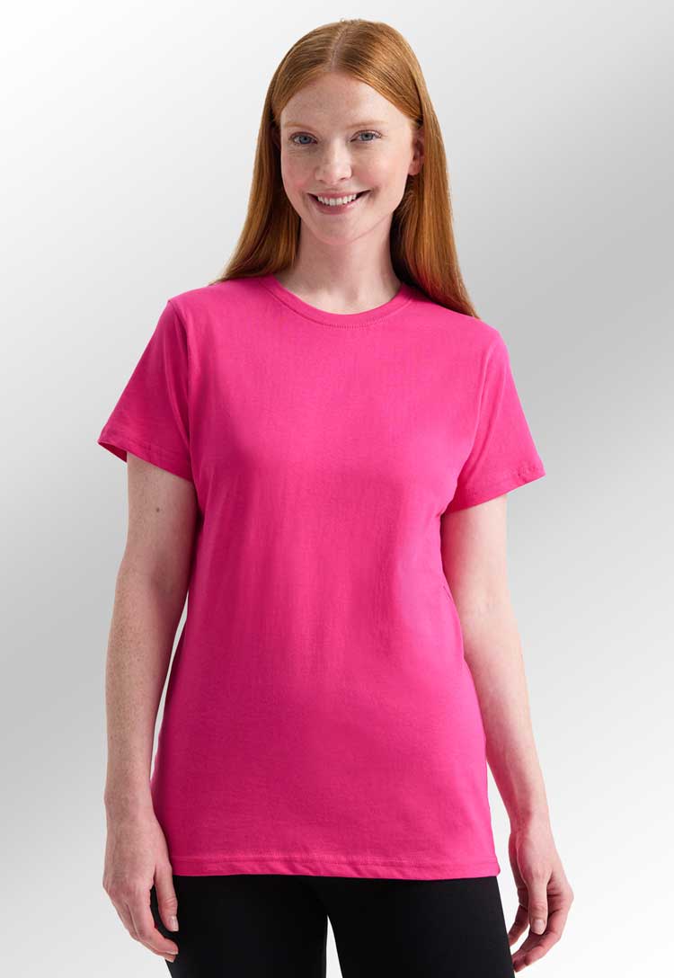 model wearing Ladies Classic Crew Neck T-Shirt  in hot pink