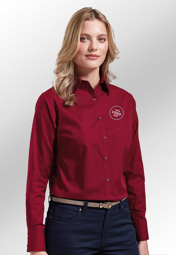 Model Wearing Women's Poplin Blouse PR300 in Burgundy with Free Logo Embroidery (Bundle of 8) 