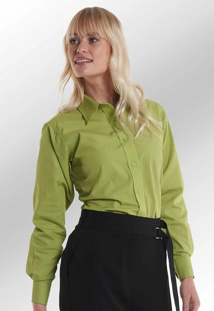 Model Wearing Ladies Poplin Full Sleeve Shirt UC711 in Lime