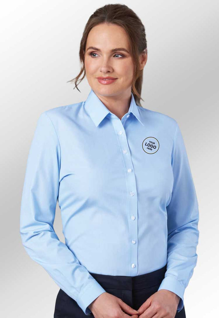 Model Wearing Selene Shirt 2270 in Blue - Bundle of 8 with Free Logo Embroidery