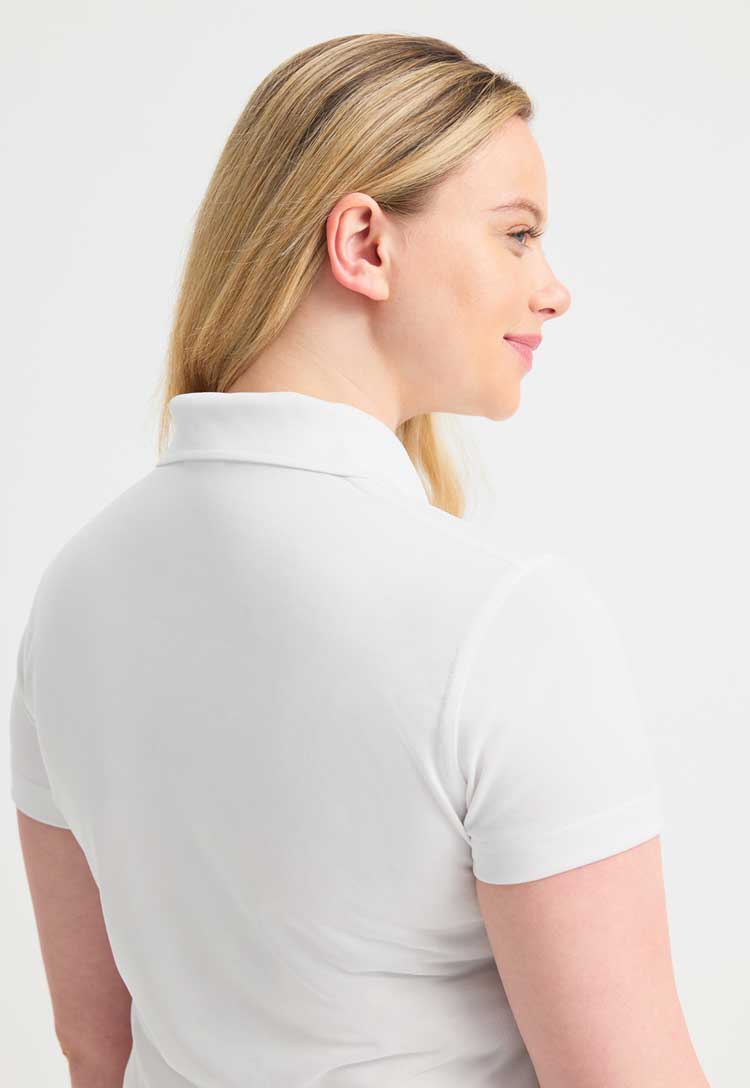 close up back view of model wearing Ladies Super Cool Workwear Polo Shirt 