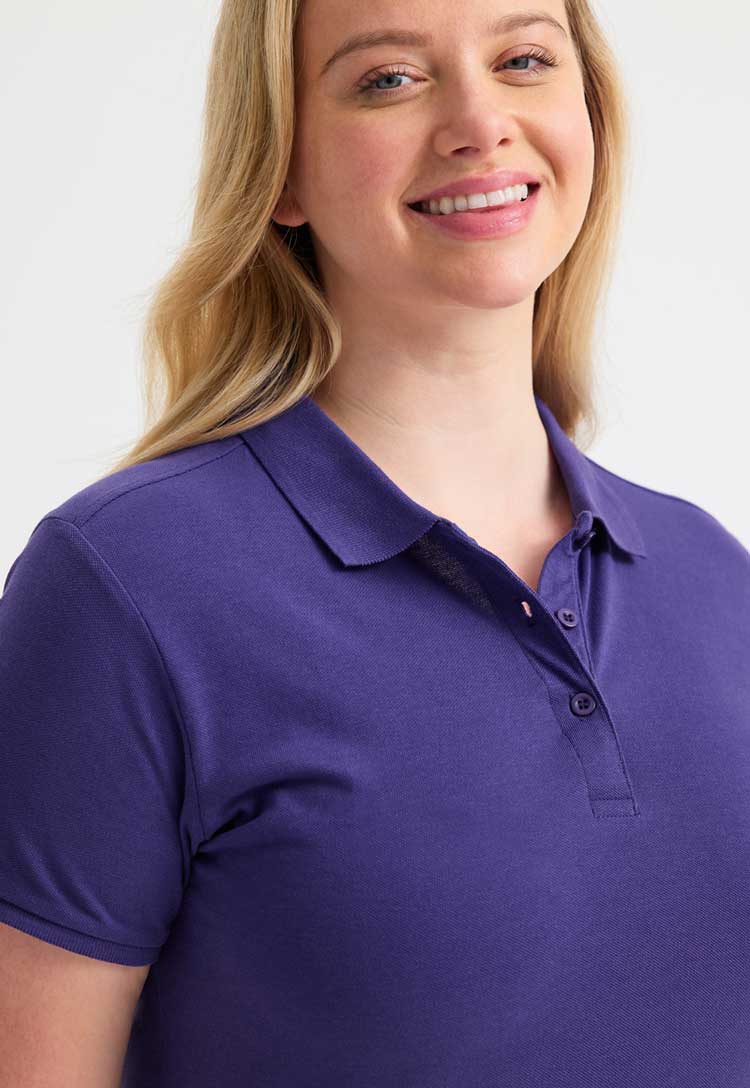 close up of model wearing Ladies Ultra Cotton Polo Shirt  in purple