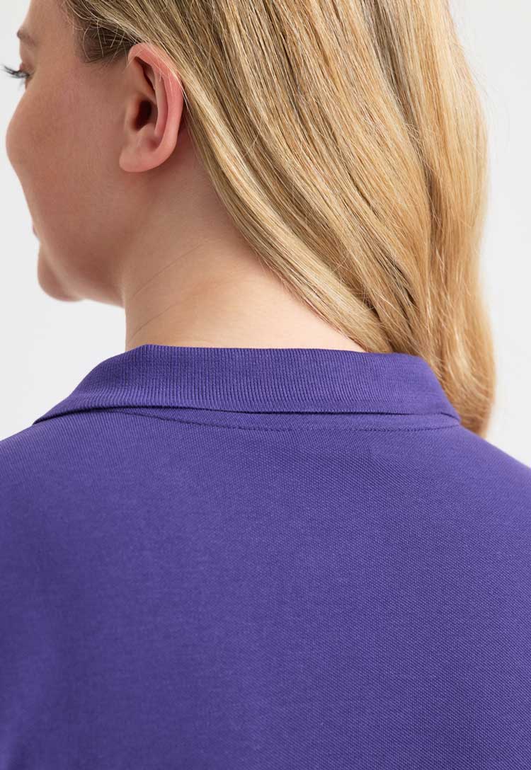 close up back view of model wearing Ladies Ultra Cotton Polo Shirt  in purple