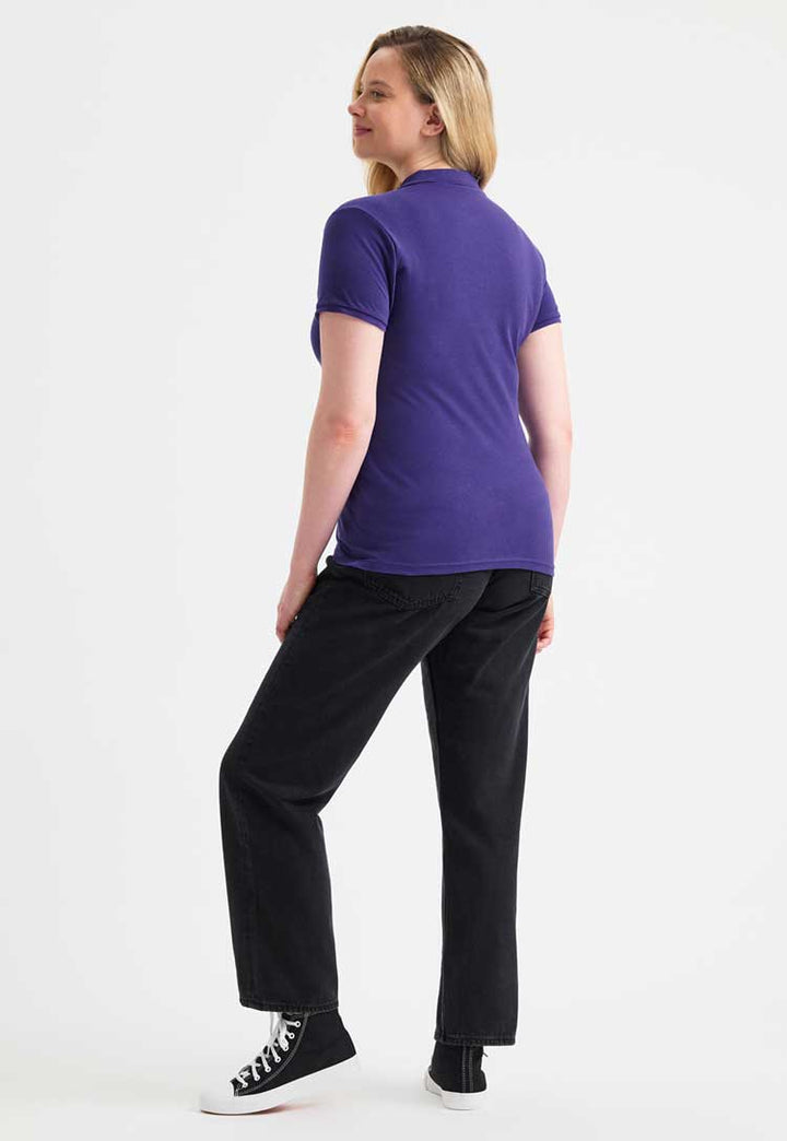 full length back view of model wearing Ladies Ultra Cotton Polo Shirt  in purple