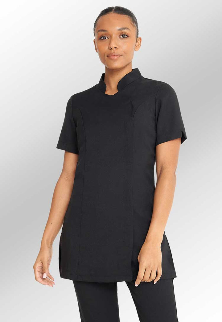 Model Wearing Lea Mandarin Collar Tunic in Black