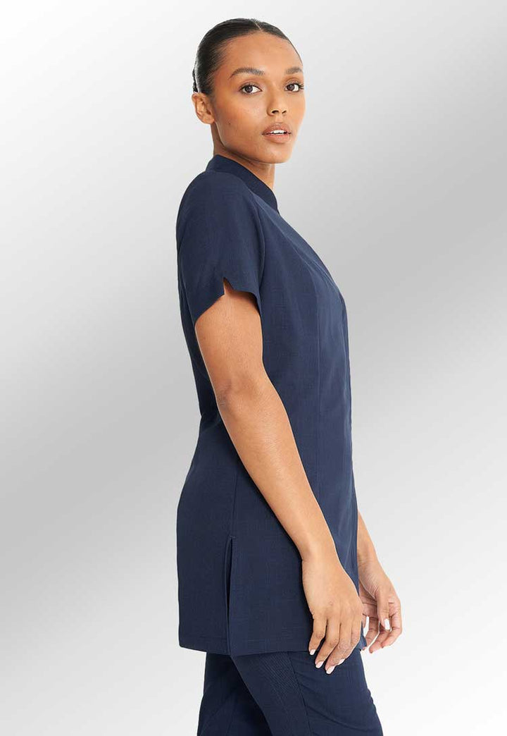 Model Wearing Lea Mandarin Collar Tunic in Navy