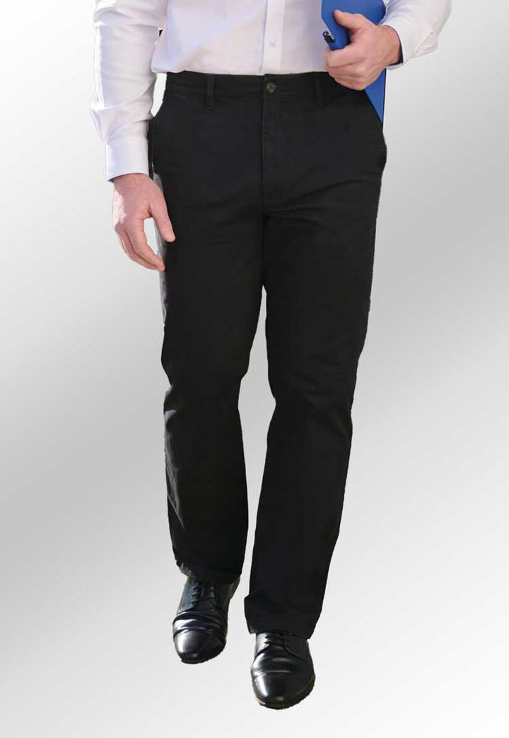 Model wearing Leo classic fit chinos in black