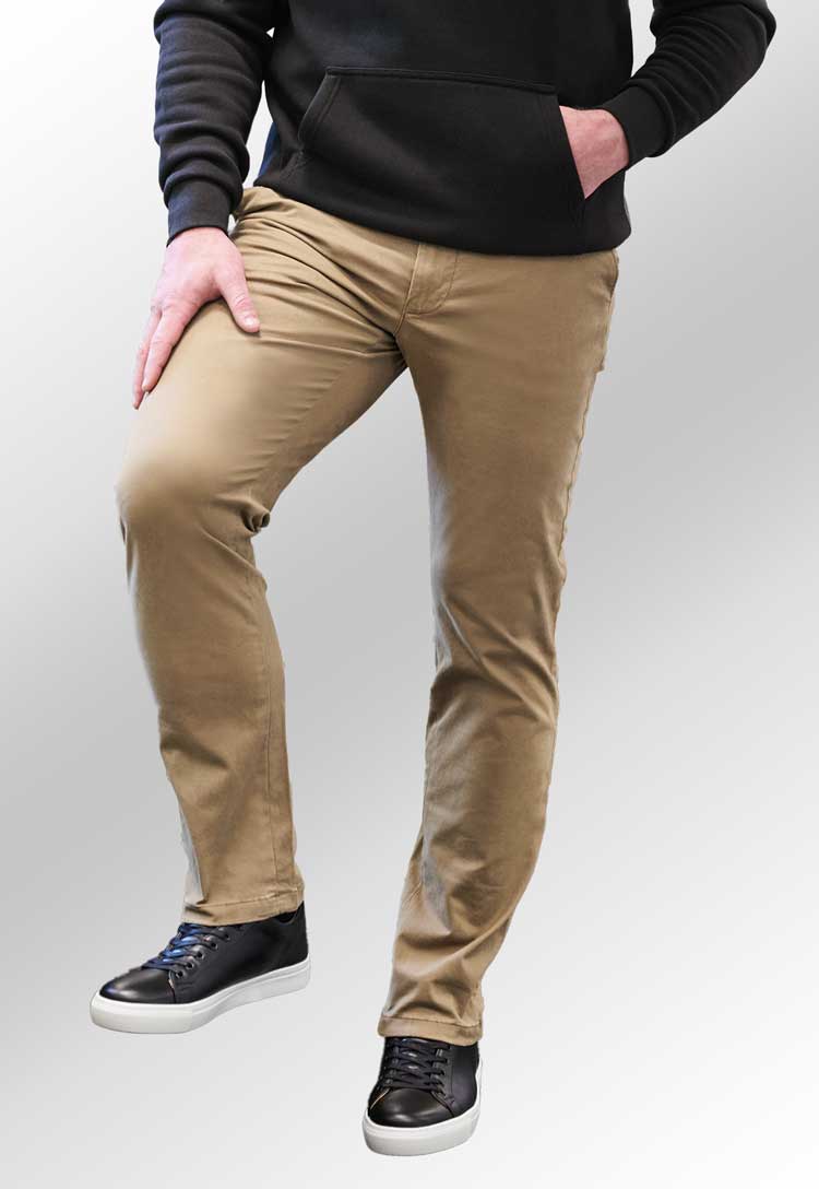 model wearing Leo Slim Fit Chinos in tan