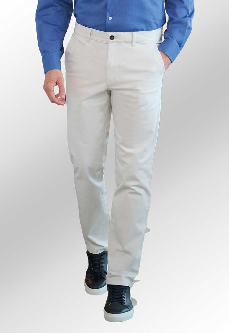 Model wearing Leo Slim Fit Chinos in stone