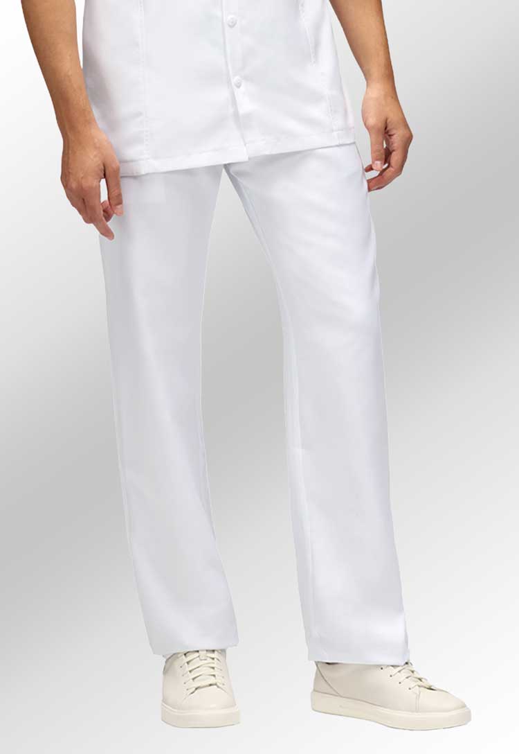 Model Wearing Leroy Men's Salon Trousers in White