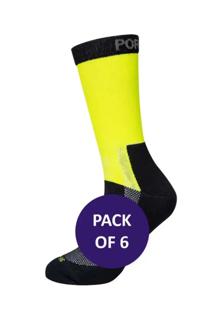 Pack of 6 yellow and black Hi Vis socks with a visible brand logo on a white background.