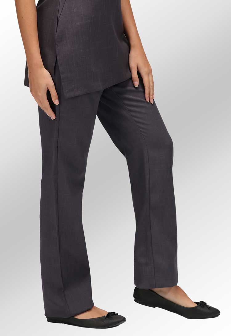 Model Wearing Lili Straight Leg Salon Trousers in Grey