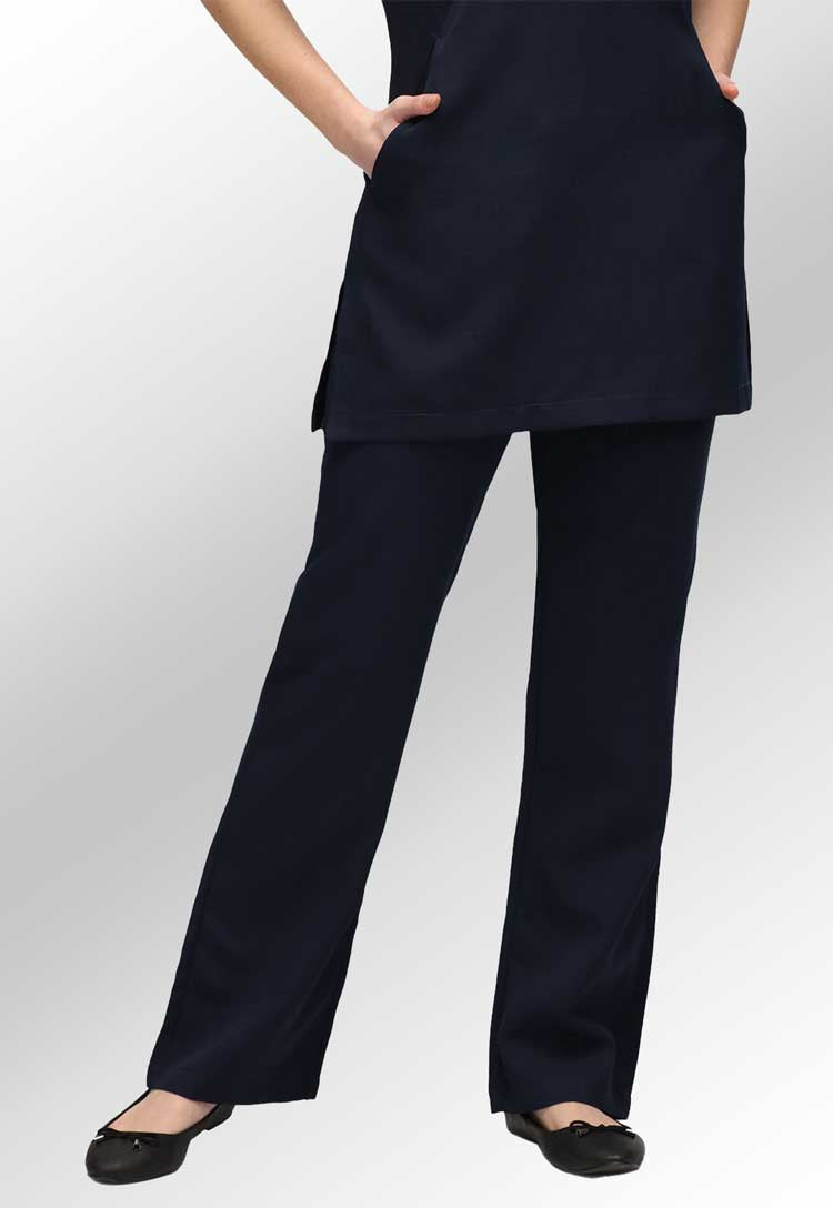 Model Wearing Lili Straight Leg Salon Trousers in Navy