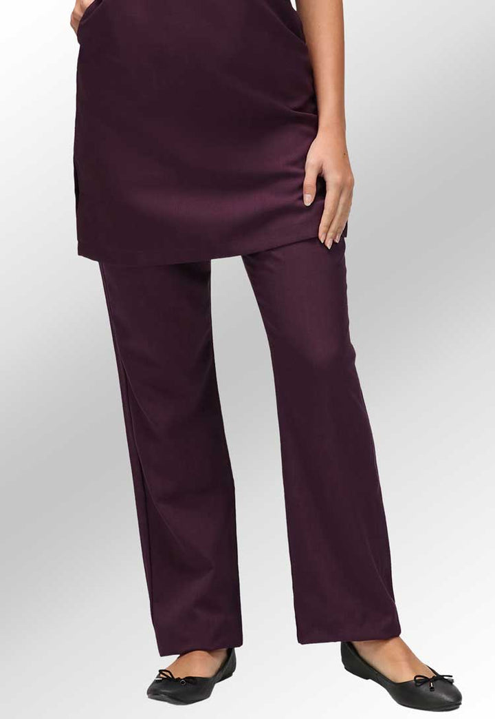 Model Wearing Lili Straight Leg Salon Trousers in Plum