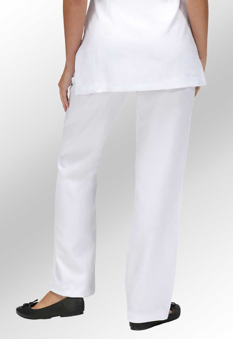 Back View of Model Wearing Lili Straight Leg Salon Trousers in White