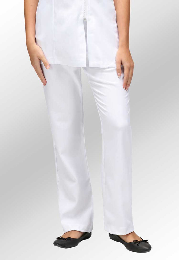 Model Wearing Lili Straight Leg Salon Trousers in White