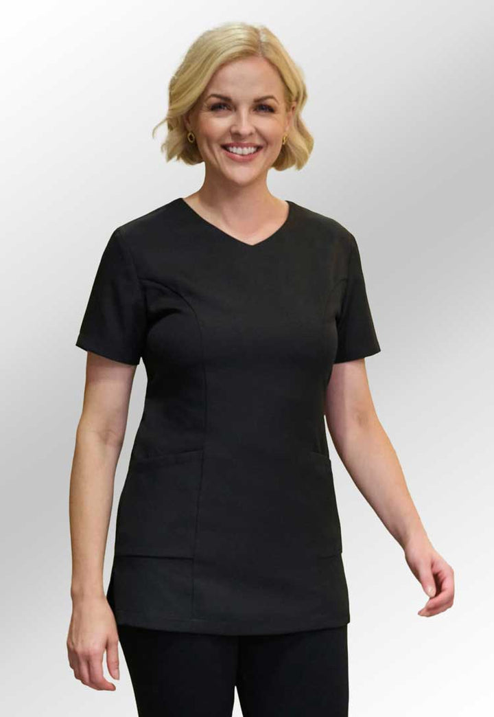 Model wearing Lockhart V Neck Tunic 2402 in black