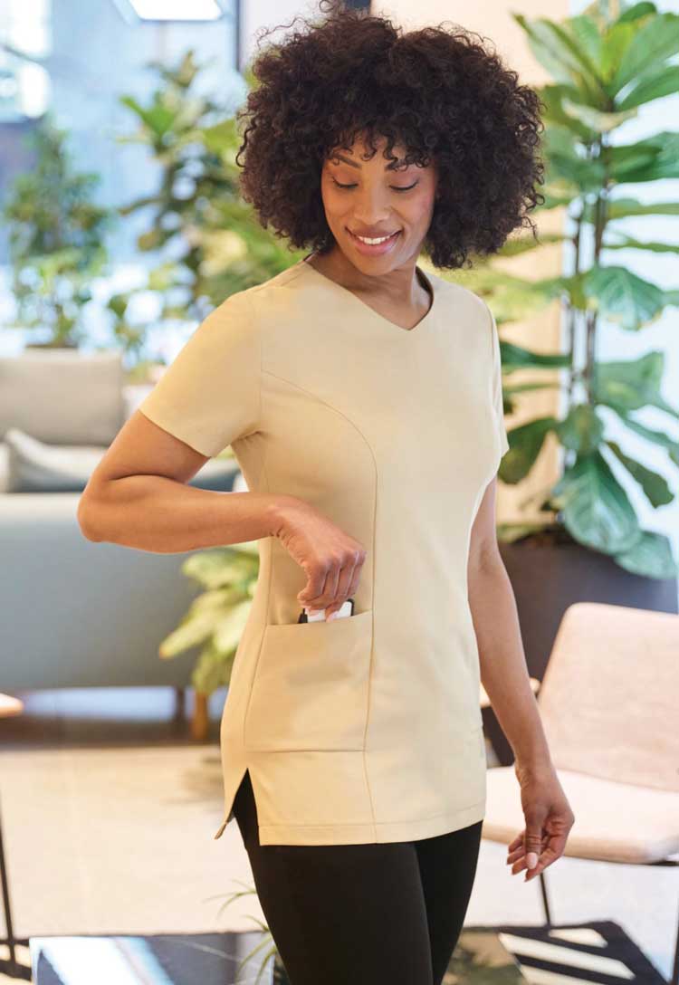 model wearing Lockhart V Neck Tunic 2402 sand