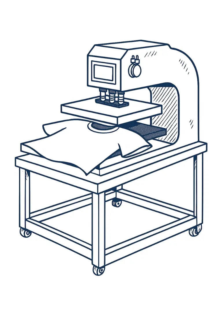 A drawing of a heat seal machine applying a logo to a t-shirt.