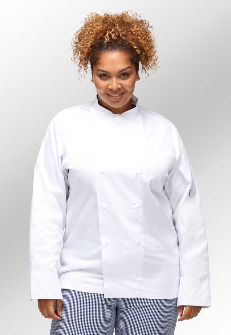 Female Model Wearing Unisex White Chefs Jacket Long Sleeve HHCJLS in White