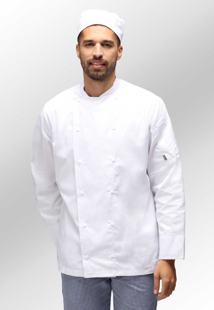 Male Model Wearing Unisex White Chefs Jacket Long Sleeve HHCJLS in White