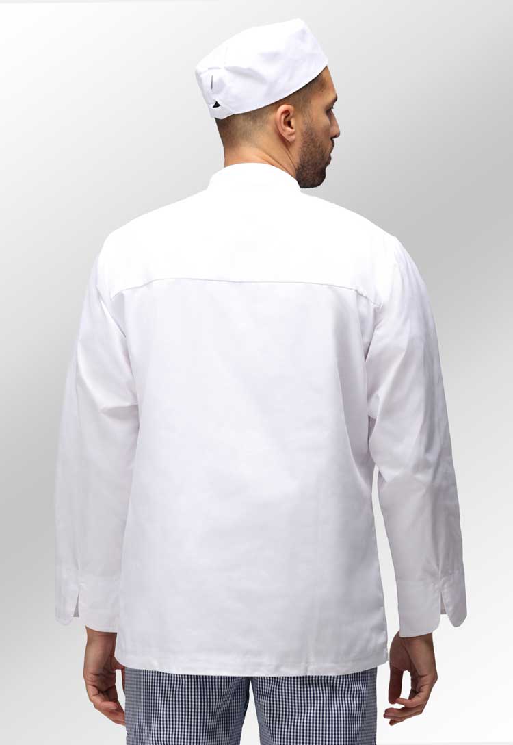 Back View of Model Wearing Unisex White Chefs Jacket Long Sleeve HHCJLS in White