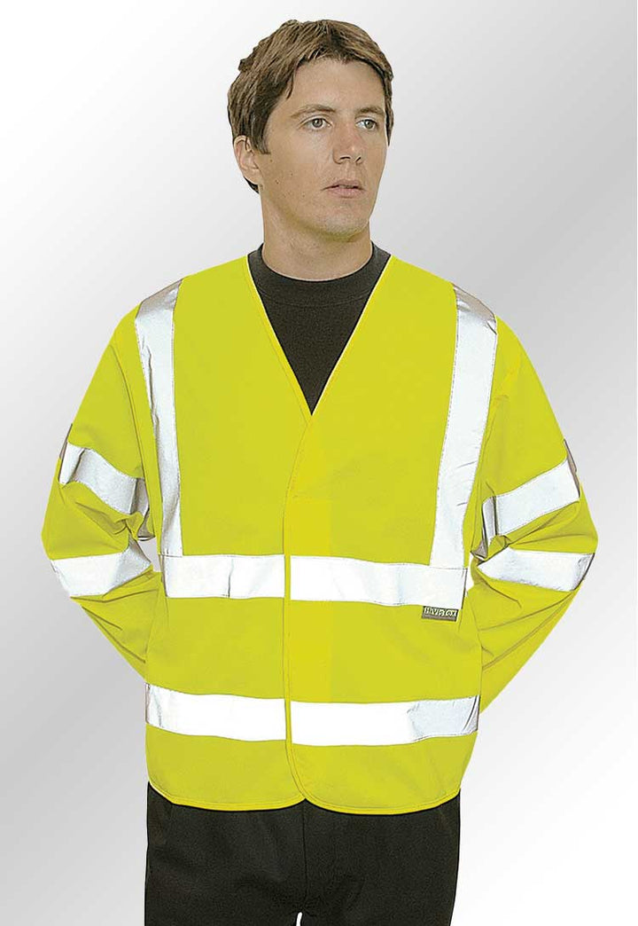 Model Wearing Hi-Vis Band and Brace Jacket Long Sleeve C473 in Yellow