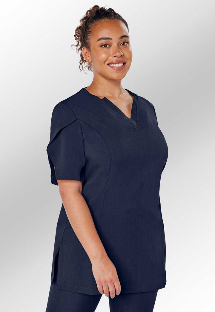 Model Wearing Louise Wrap Over V Neckline Tunic in Navy