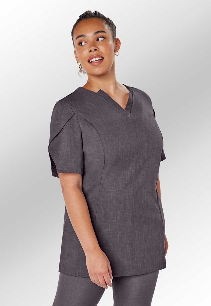 Model Wearing Louise Wrap Over V Neckline Tunic in Grey