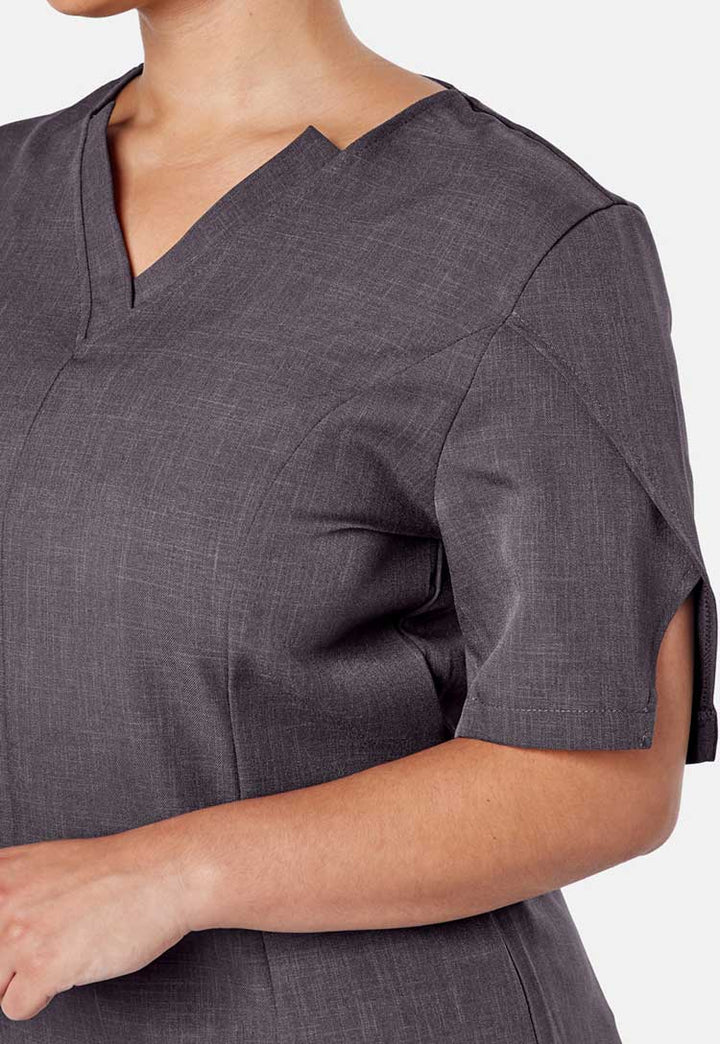 Shoulder Detail of Louise Wrap Over V Neckline Tunic in Grey