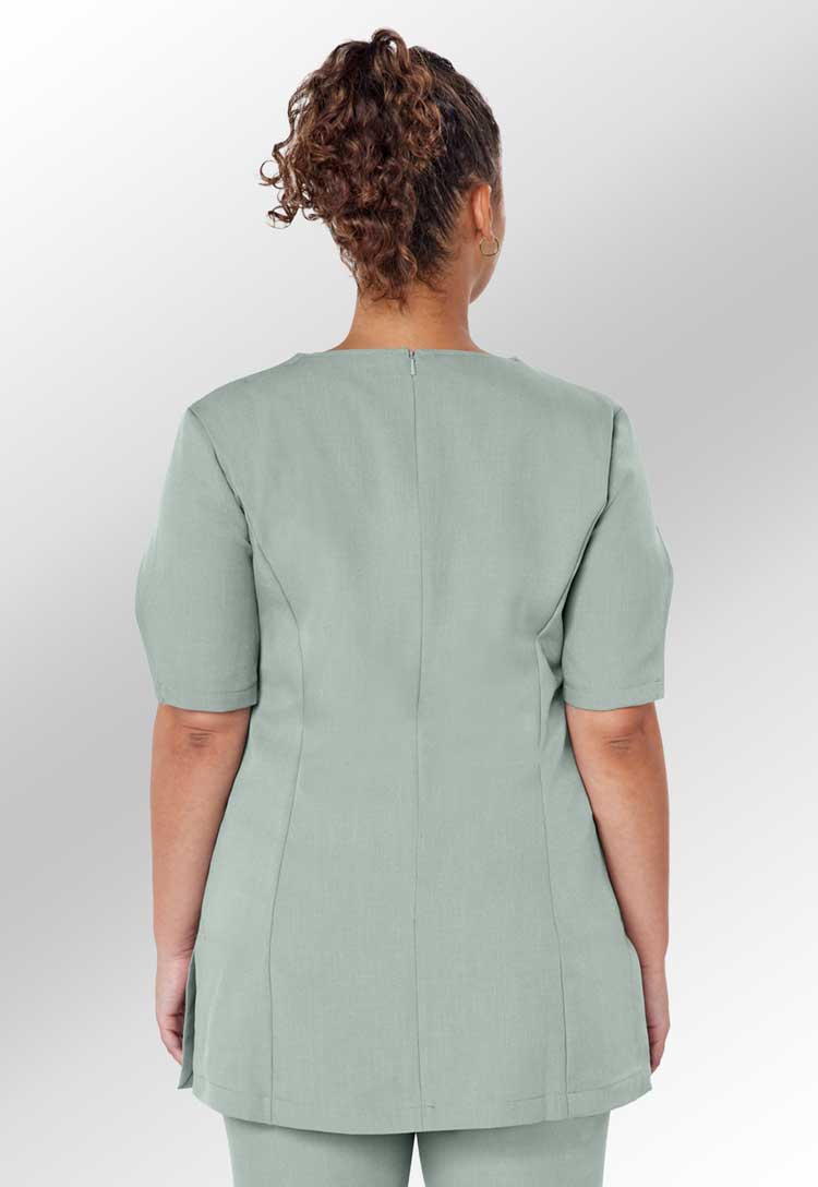 Back View of Model Wearing Louise Wrap Over V Neckline Tunic in Sage