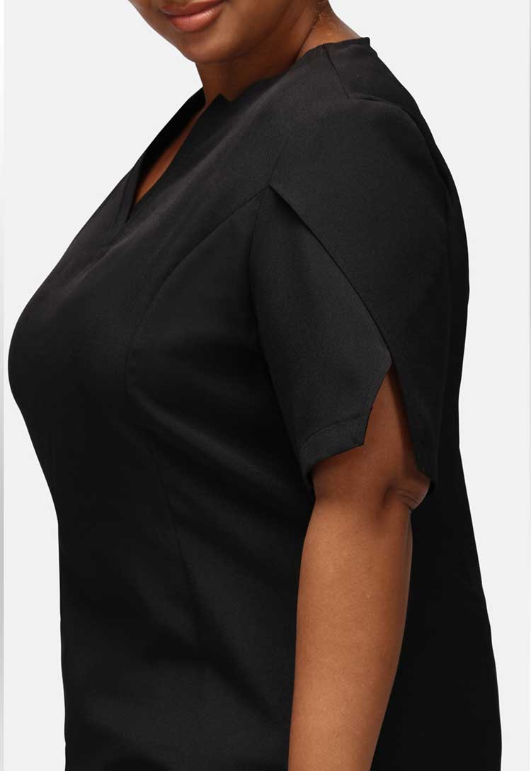 Side View of Model Wearing Louise Wrap Over V Neckline Tunic in Black