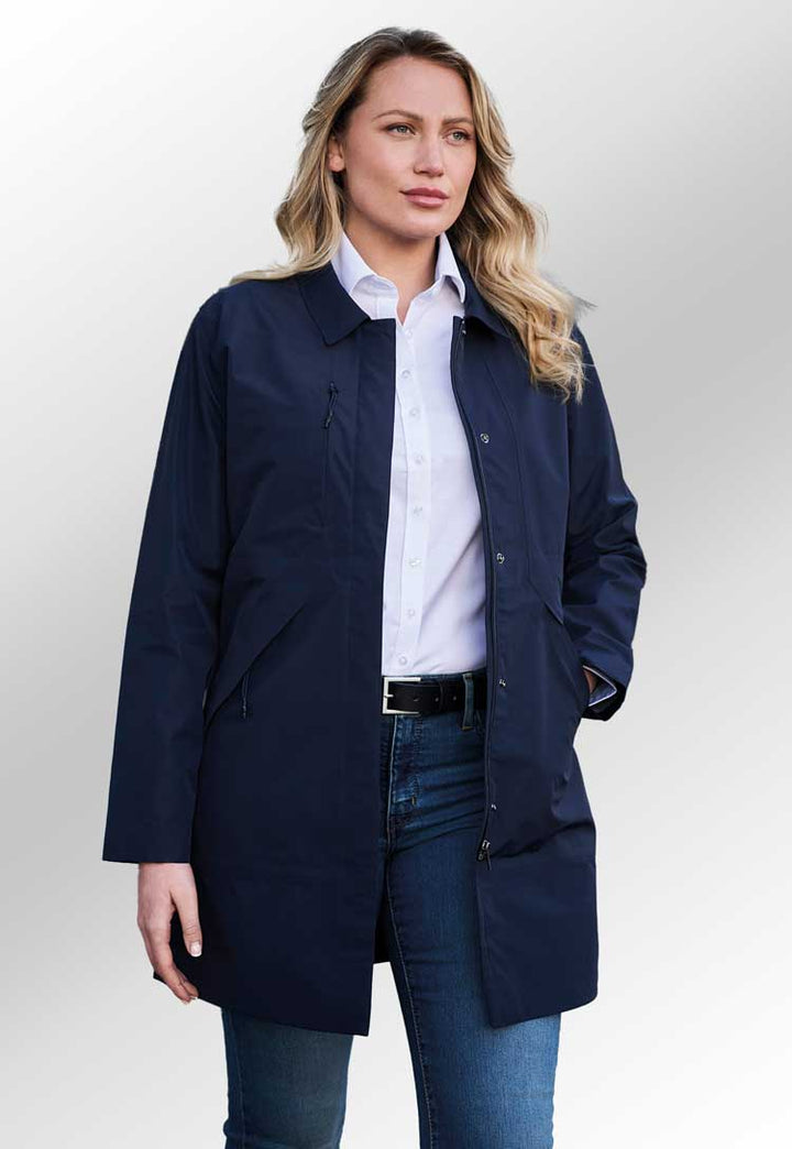 model wearing Louise Waterproof Mac in navy