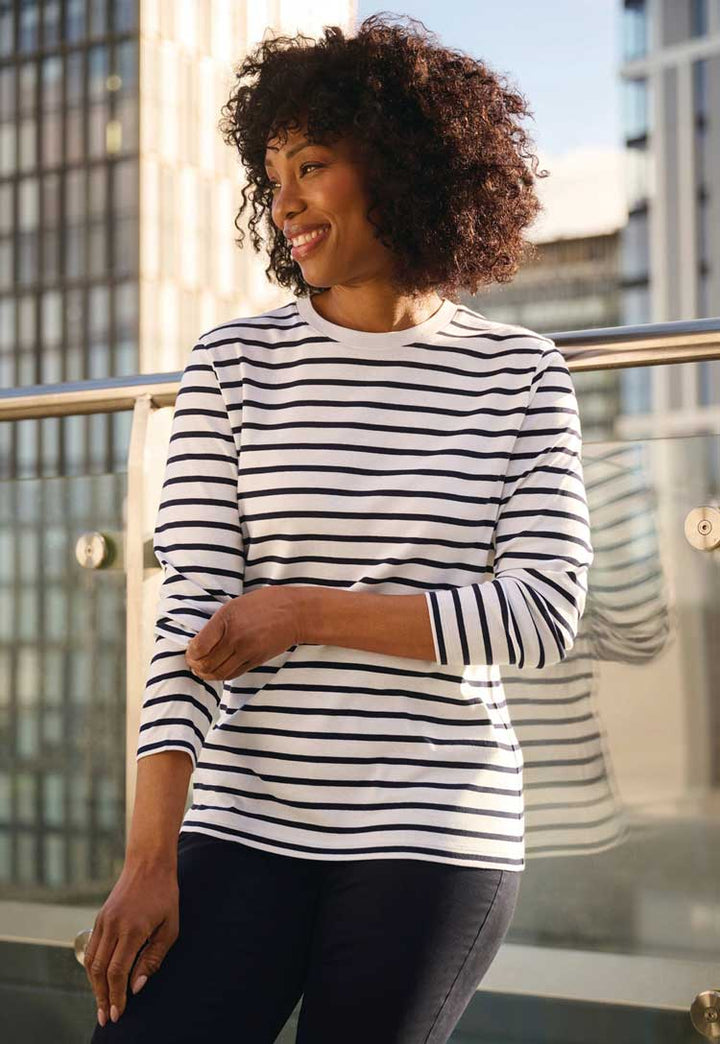 models wearing long sleeve Lucy Breton Top in white/navy stripe