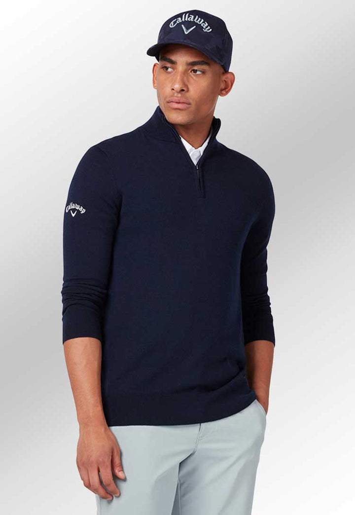 Model wearing Ribbed ¼ Zip Merino Golf Sweater CW075