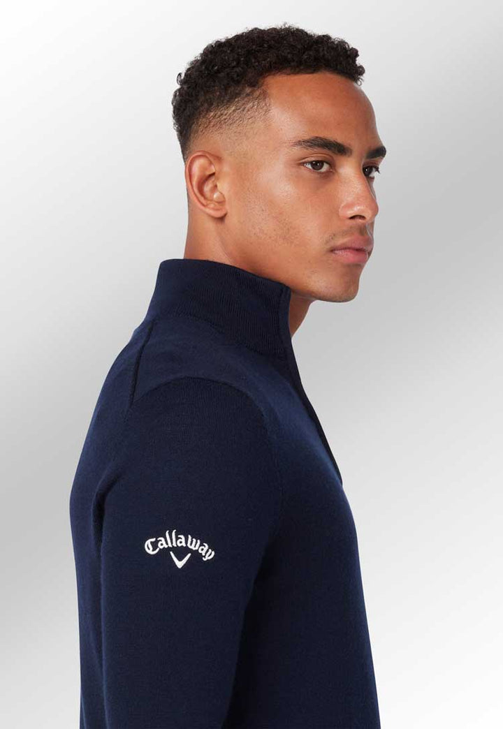 Model wearing Ribbed ¼ Zip Merino Golf Sweater CW075 close up