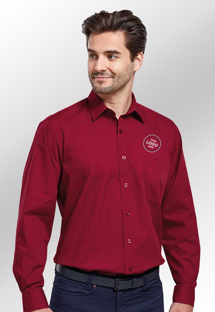 Model Wearing Men's Poplin Shirt PR200 in Burgundy with Free Logo (Bundle of 8)