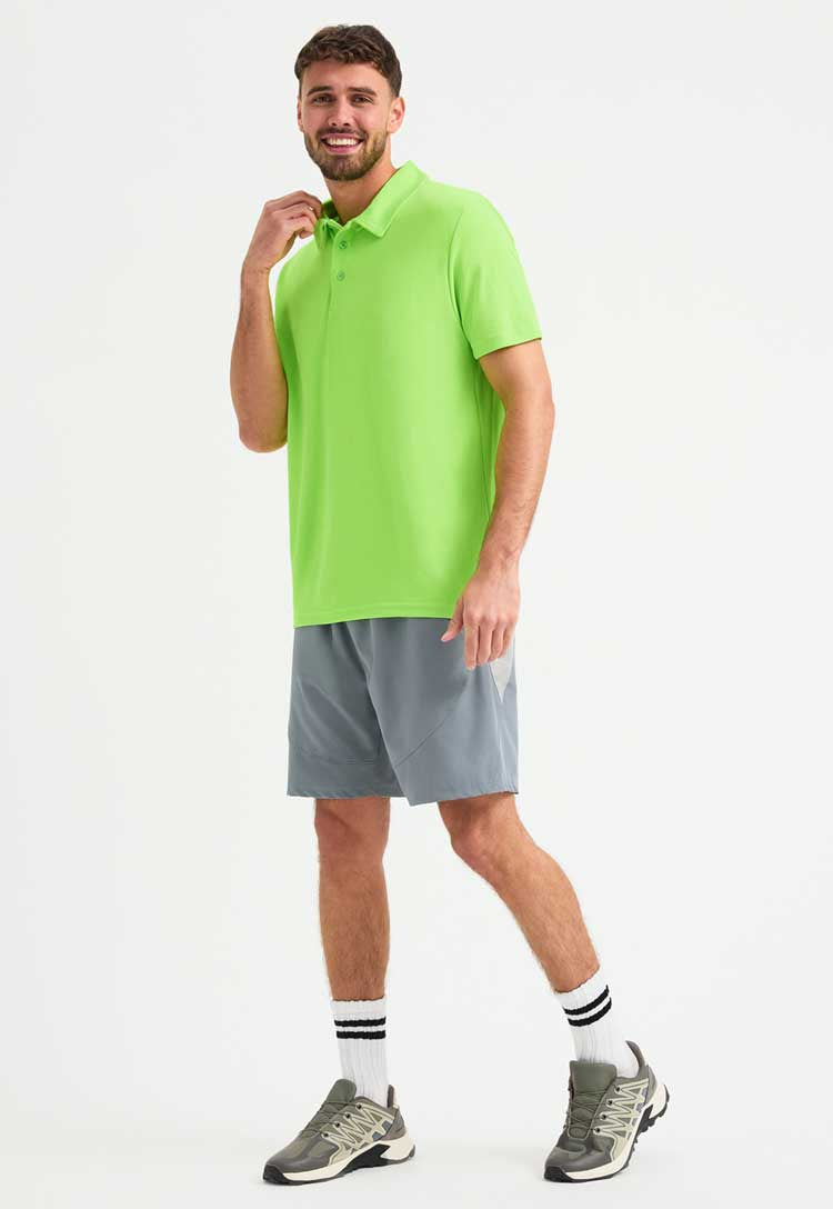 full length model wearing Men's Ultra Cool Polo Shirt in electric green