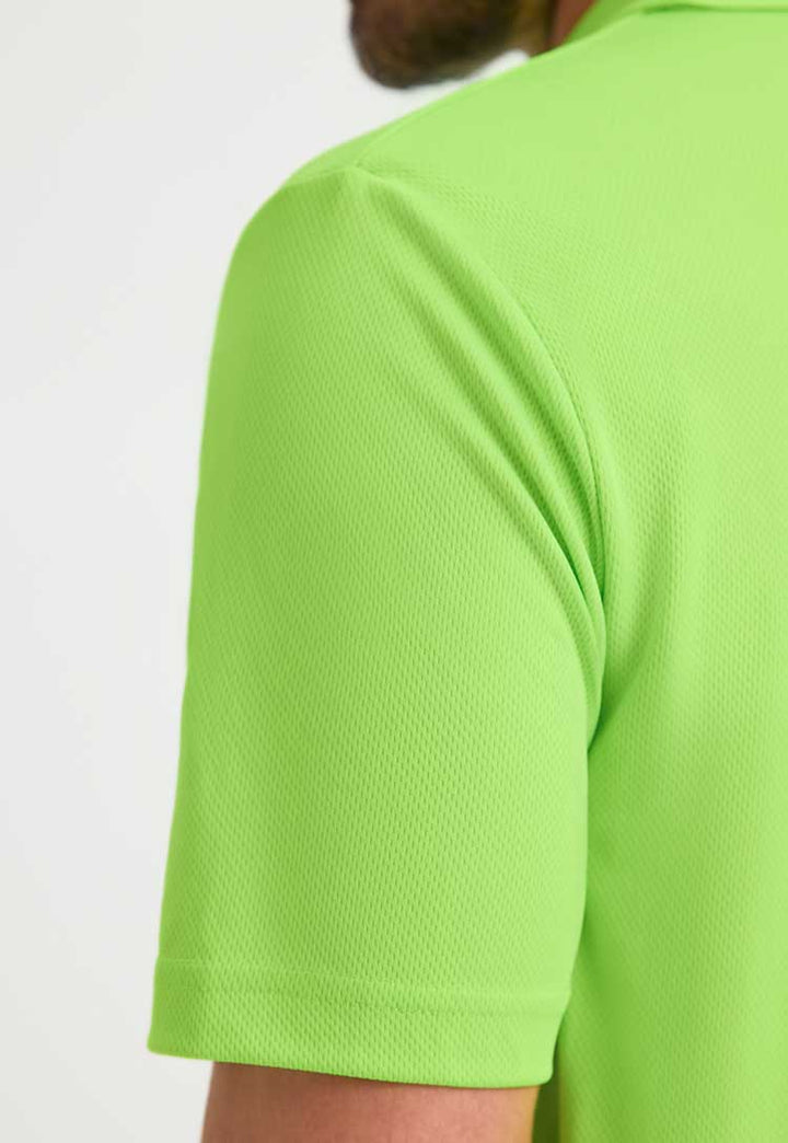 close up of model wearing Men's Ultra Cool Polo Shirt in electric green