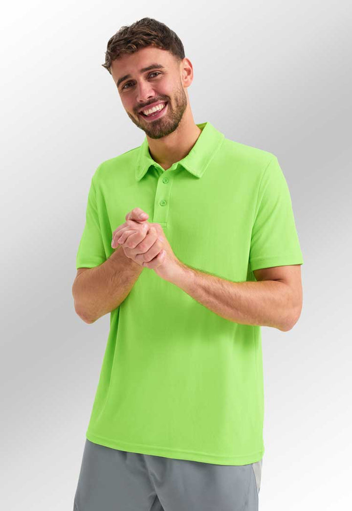 model wearing Men's Ultra Cool Polo Shirt in electric green