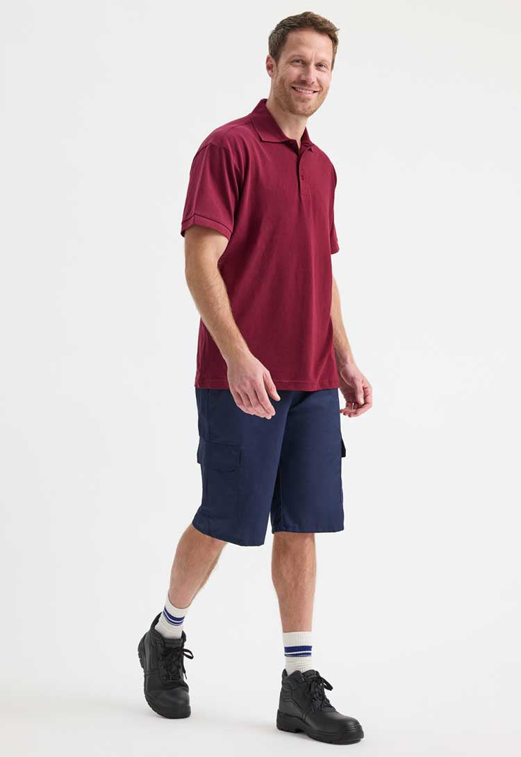 full length model wearing Men's Ultra Cotton Polo Shirt in maroon